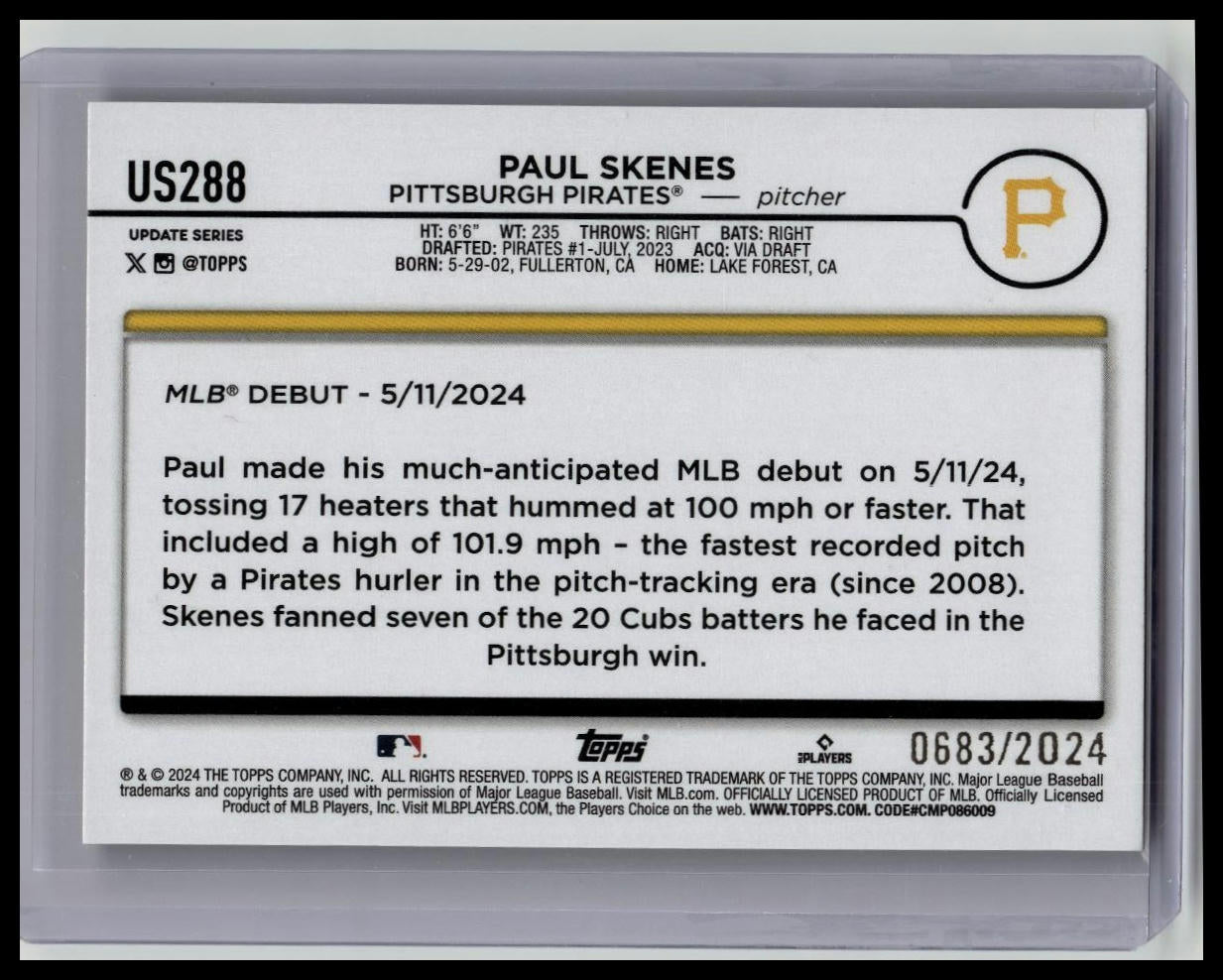 2024 Topps Update Paul Skenes RC Gold /2024 Pirates Rookie Debut