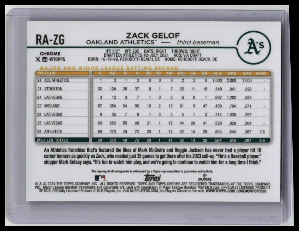 2024 Topps Chrome MLB Zack Gelof RC Rookie Auto #RA-ZG Oakland Athletics
