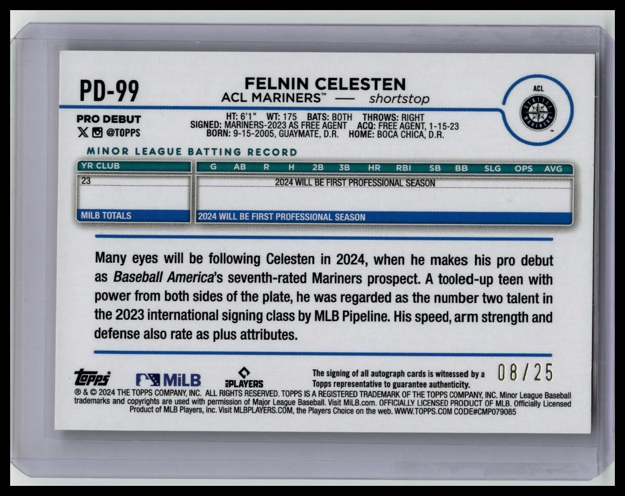 2024 Topps Pro Debut Orange Foil #PD99 Felnin Celesten Rookie AUTO 08/25