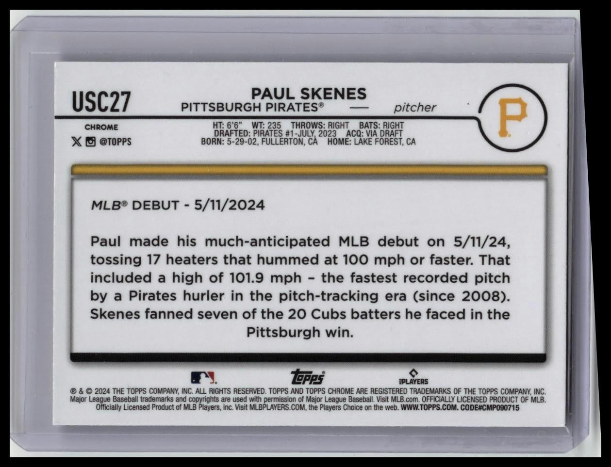 2024 Topps Chrome Update Paul Skenes USC27 Rookie Debut XFractor RC Pirates
