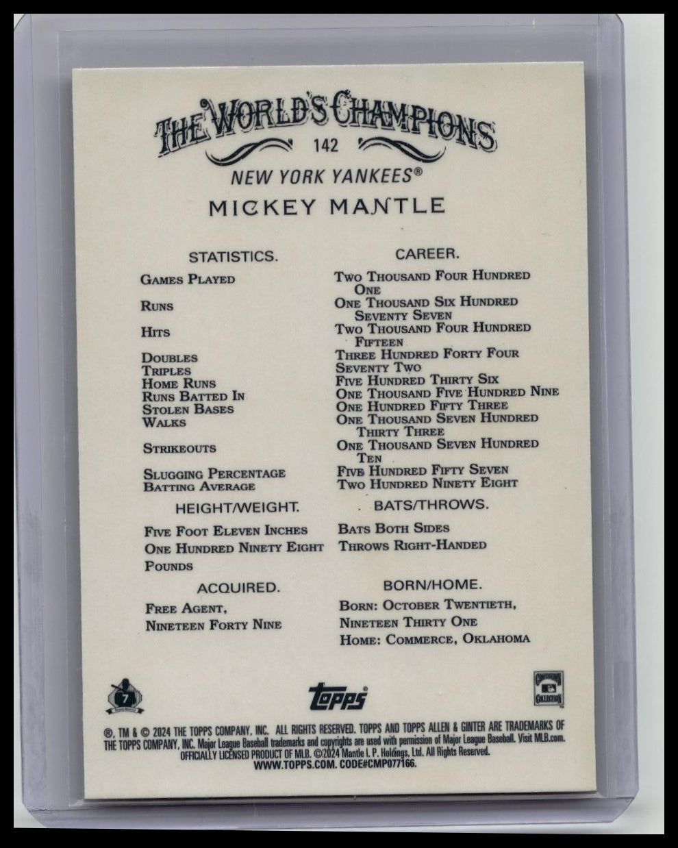 2024 Allen & Ginter Mickey Mantle Gold Refractor /50 #142
