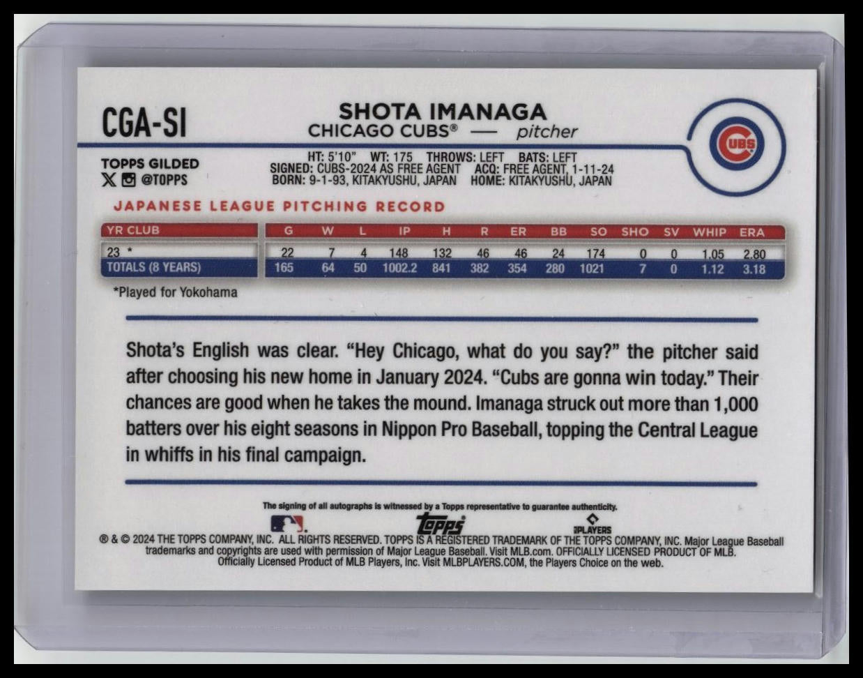 2024 Topps Chrome Gilded Gold Yellow Gold Shota Imanaga RC ROOKIE AUTO 72/99