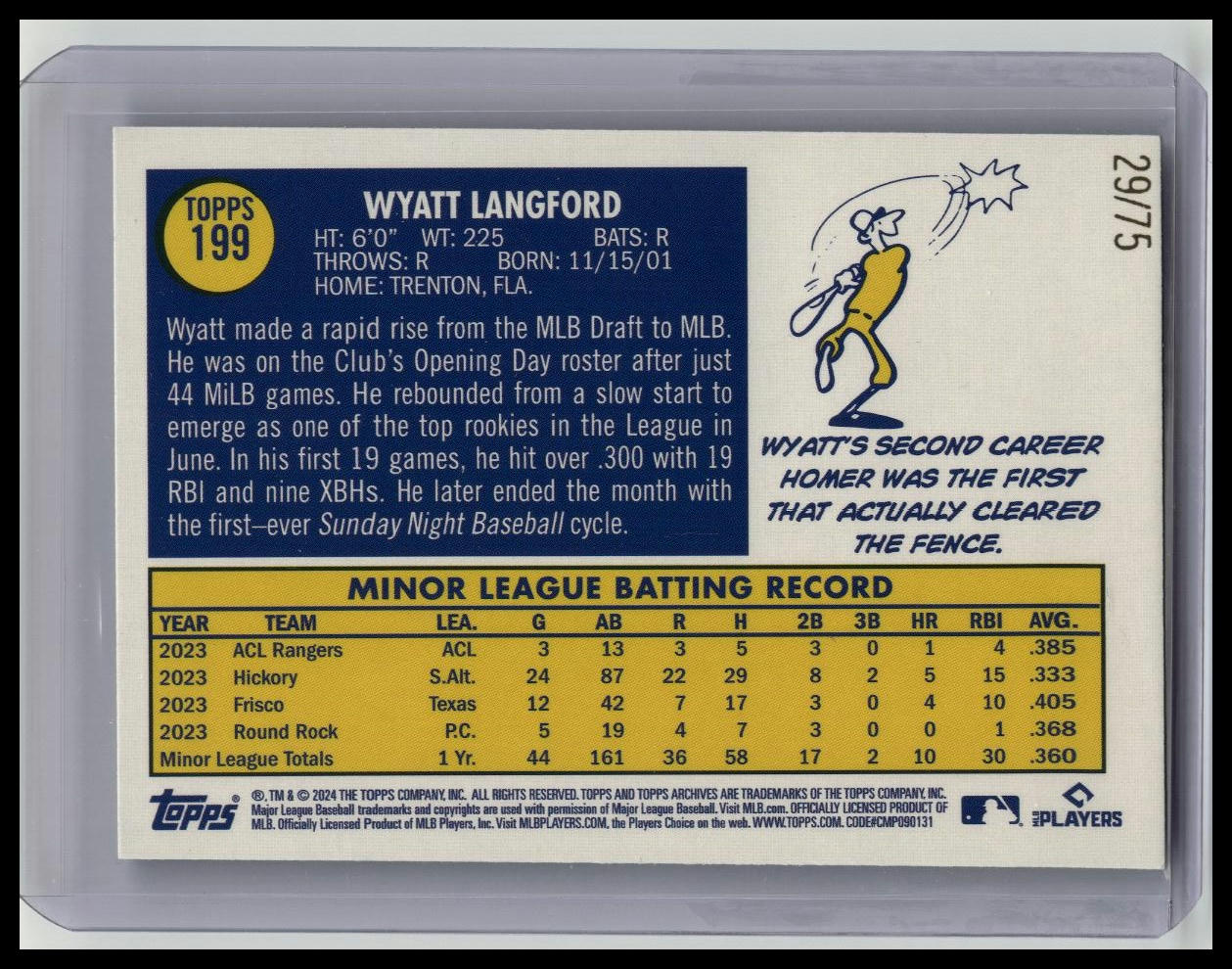 2024 Topps Archives Baseball Wyatt Langford Aqua Sparkle Foilboard /75 Rangers