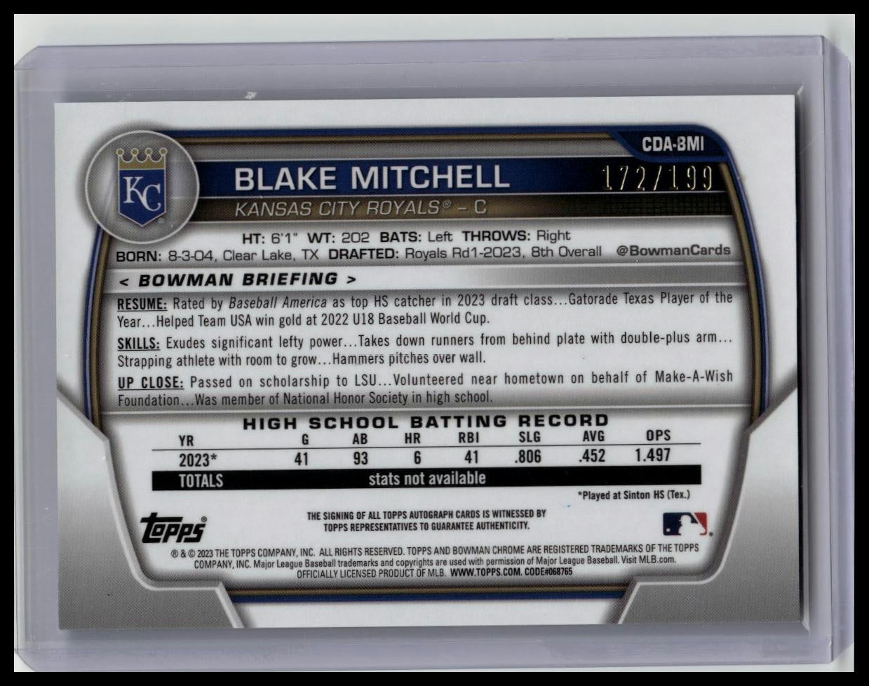 2023 BOWMAN DRAFT CHROME PROSPECT 1ST AQUA LAVA BLAKE MITCHELL /199 AUTO
