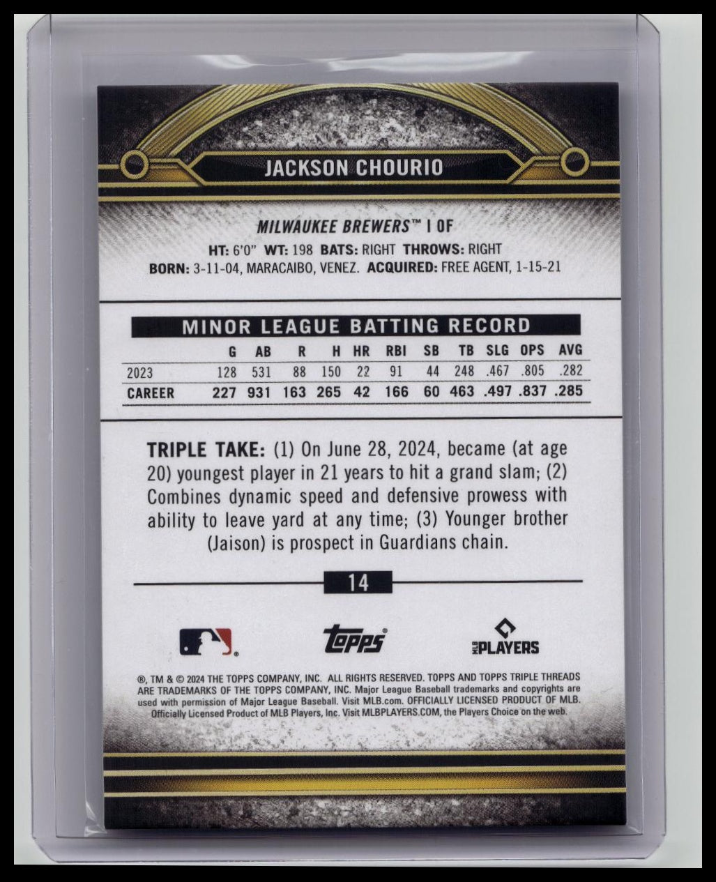 2024 Topps Triple Threads Jackson Chourio RC Tourmaline Rookie #14/125