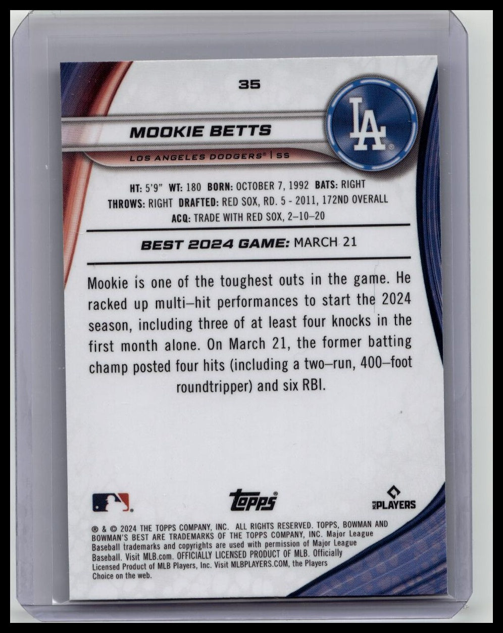 Mookie Betts 2024 Bowman's Best RARE #/150 TRUE BLUE REFRACTOR