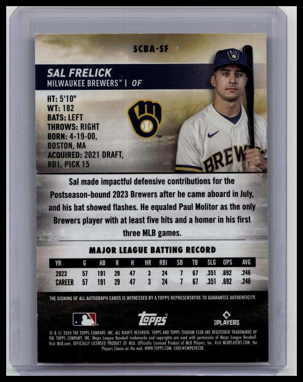 2024 Topps Stadium Club Sal Frelick #SCBA-SF Autograph Auto Rookie