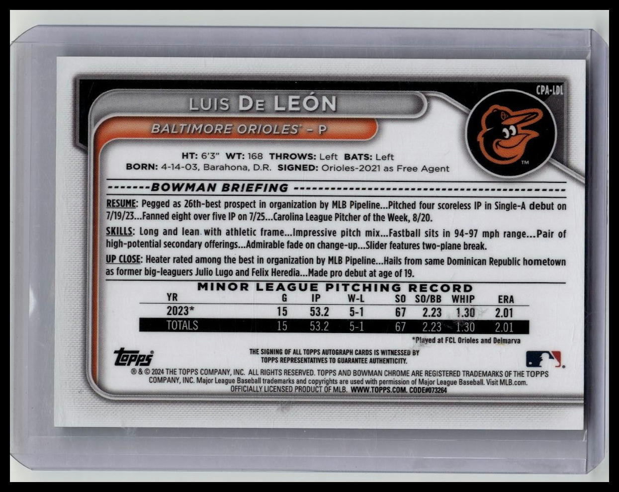 LUIS DE LEON 2024 BOWMAN CHROME 1ST GREEN LAVA ORIOLES AUTO /99