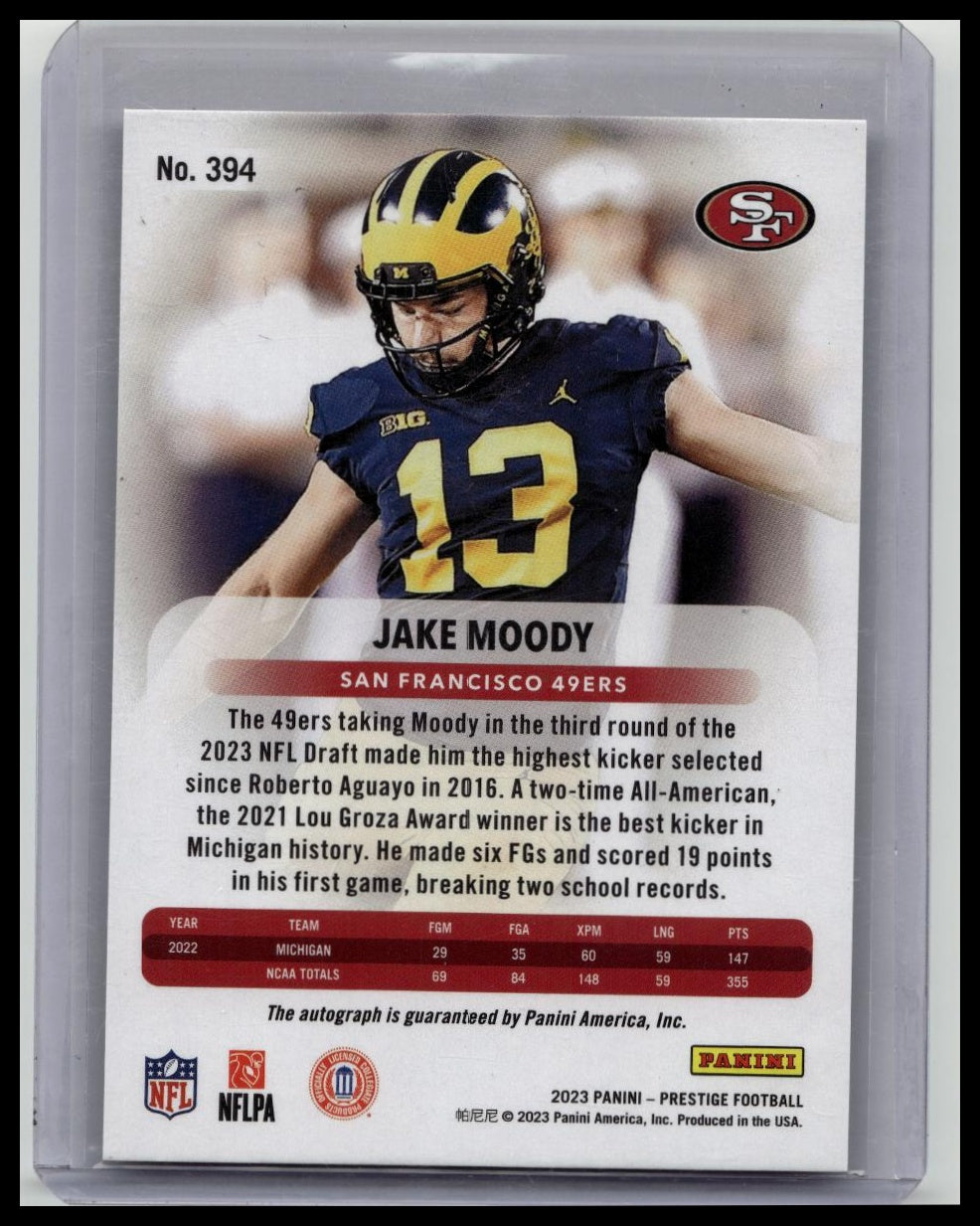 Jake Moody Auto XTRA Points 2023 Panini Prestige Rookie RC #394 49ers/Wolverines