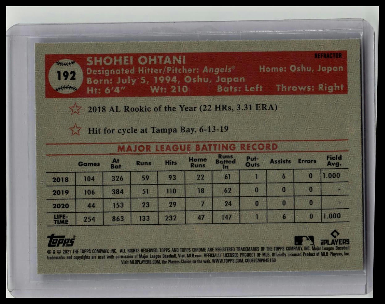2021 Topps Chrome Platinum #192 Shohei Ohtani Refractor