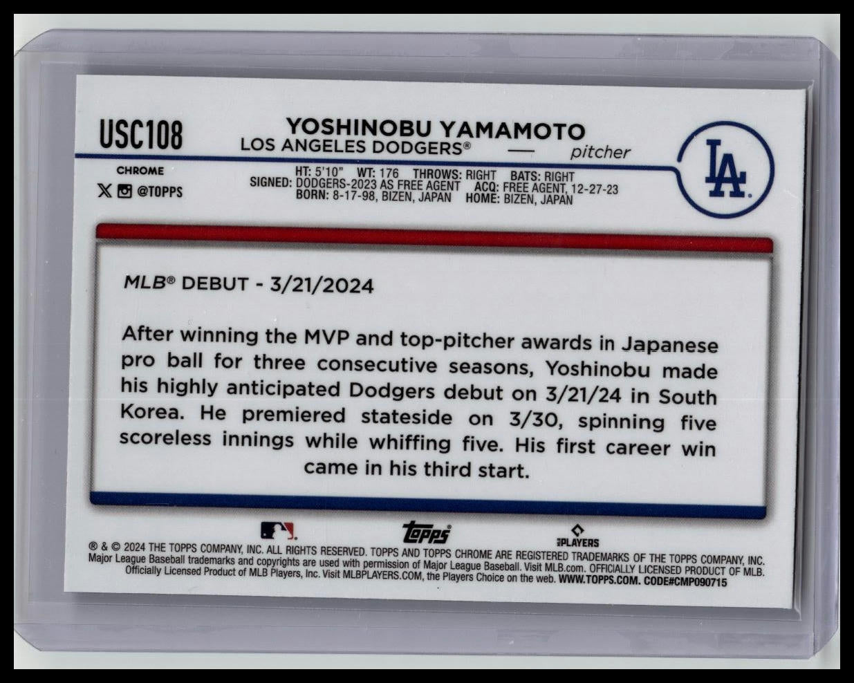 2024 Topps Chrome Update Yoshinobu Yamamoto Purple Refractor #/250 RC Dodgers