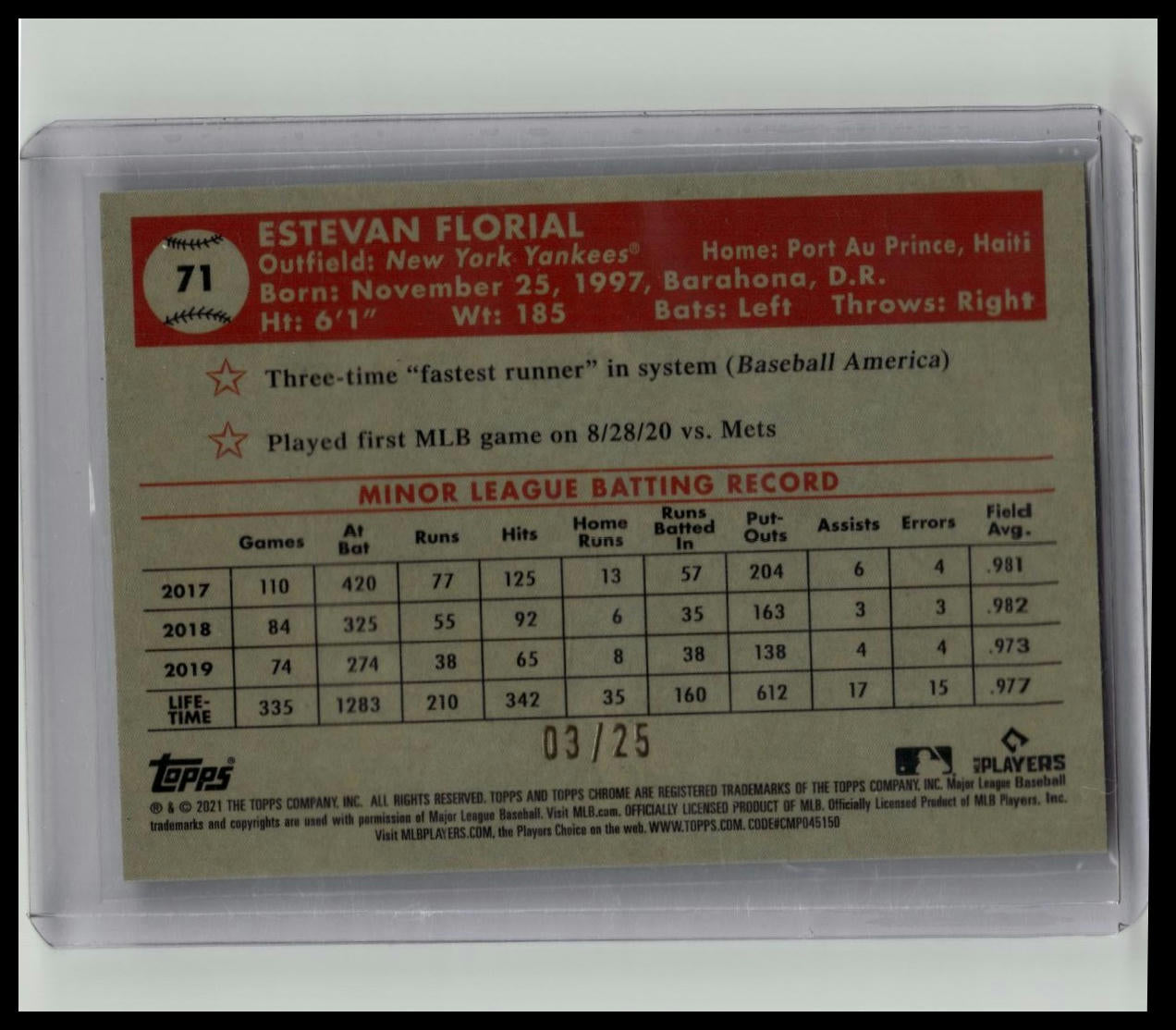 2021 Topps Chrome Platinum Anniversary 70th Logo #71 Estevan Florial RC /25