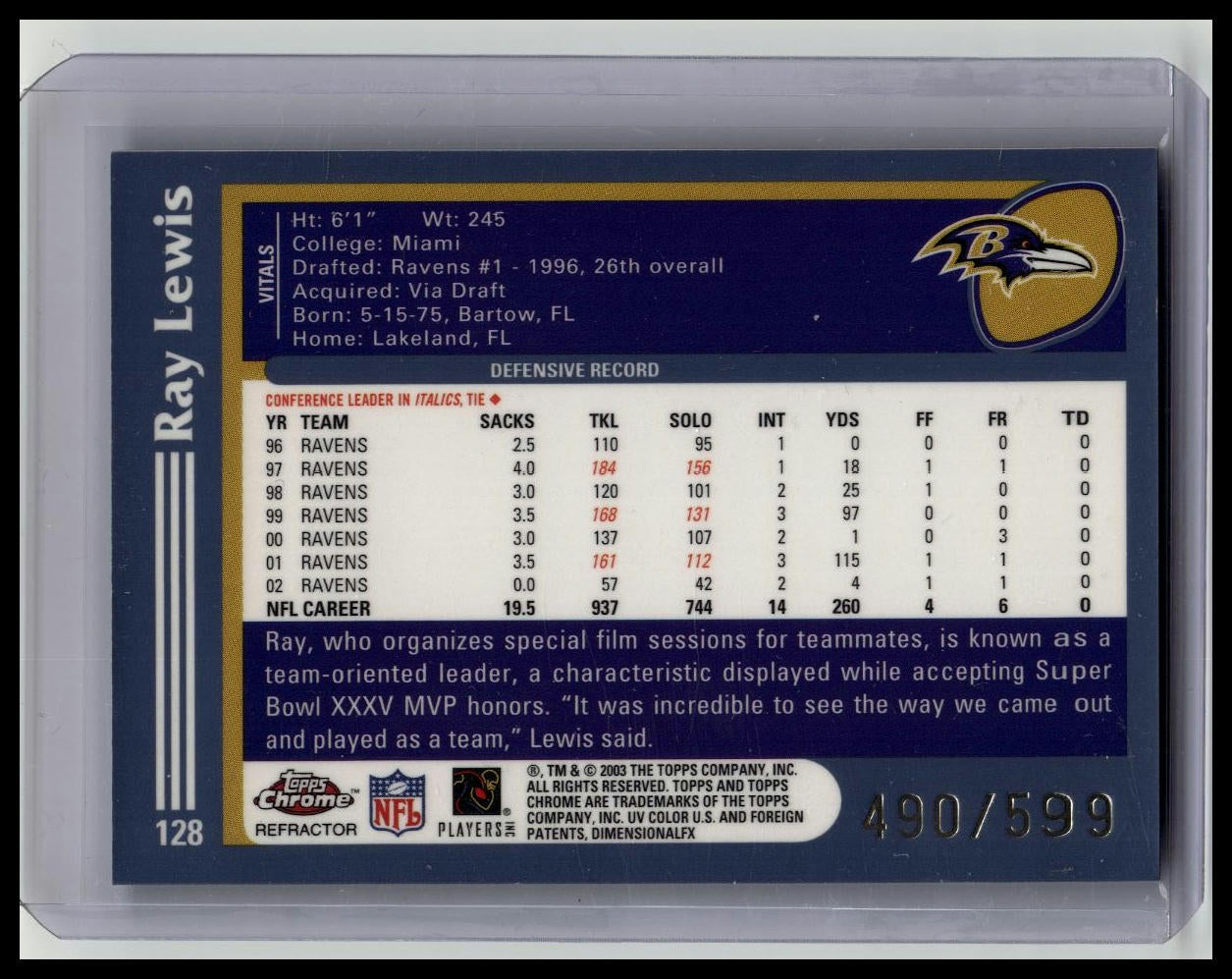 2003 Topps Chrome Black Refractor /599 Ray Lewis #128