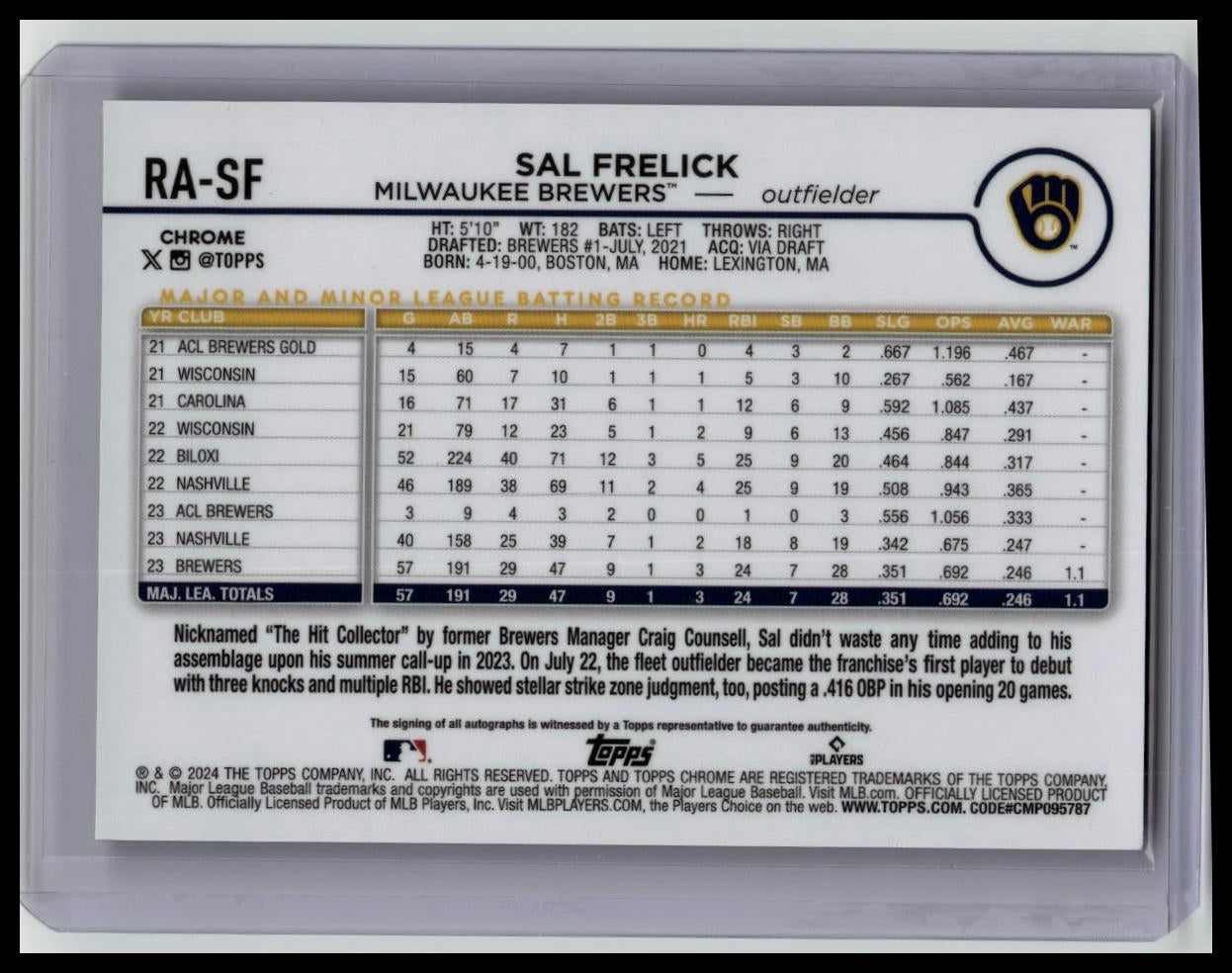 2024 Topps Chrome Sal Frelick Rookie Auto Lava Lamp Magenta/Purple RC #/299