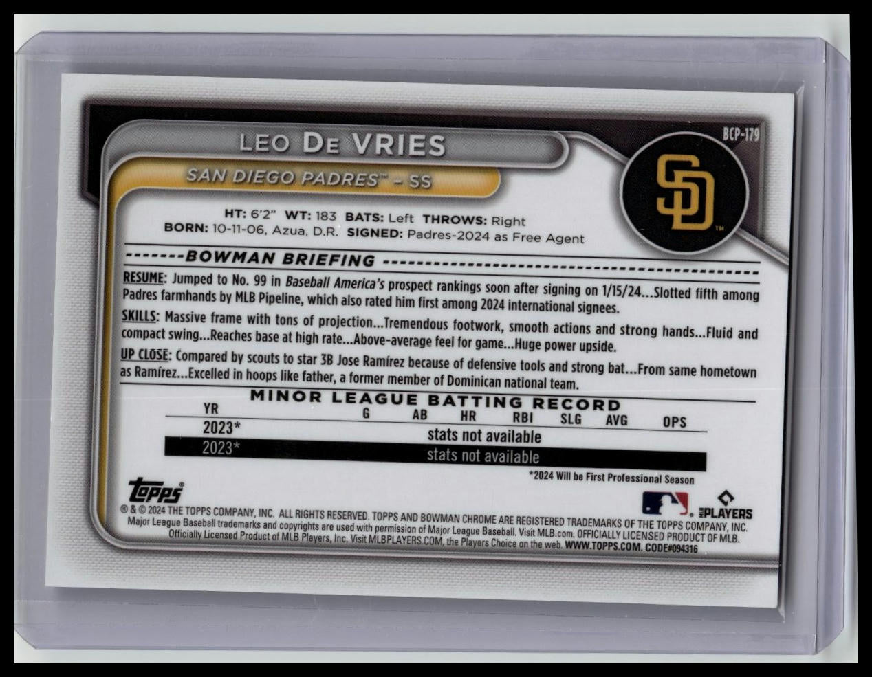 Leo De Vries 2024 Bowman Chrome #BCP-179 Image Variation SP Mojo Refractor