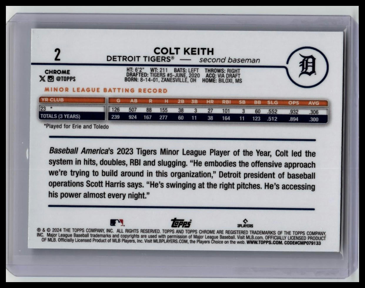 2024 Topps Chrome Logofractor Colt Keith RC Green Refractor 18/99 Detroit Tigers