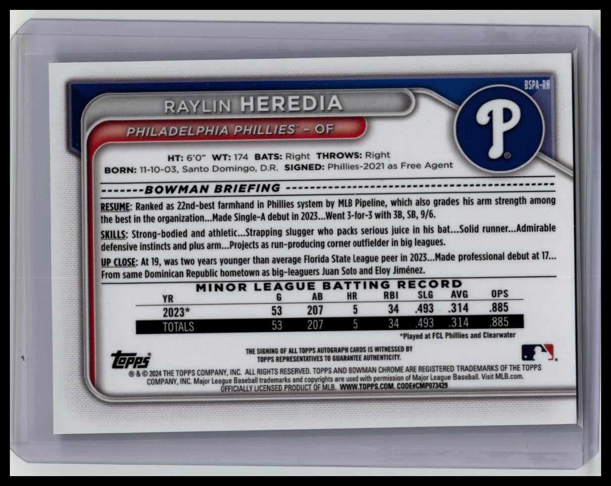 2024 Bowman Chrome Sapphire Philadelphia Phillies Raylin Heredia Auto BSPA-RH