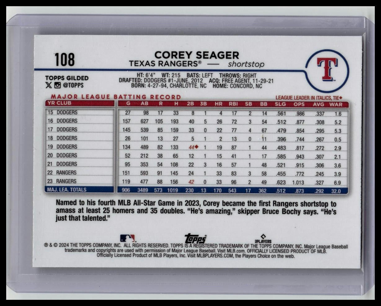 COREY SEAGER 2024 Topps Gilded Baseball #108 Gold Wave SP /75