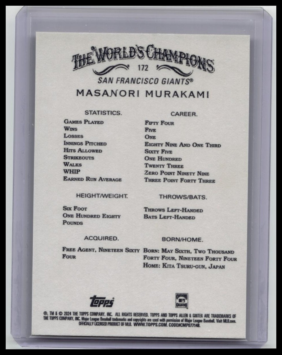 2024 Topps Allen & Ginter #172 Masanori Murakami Gold Foil Filigree /50 Giants