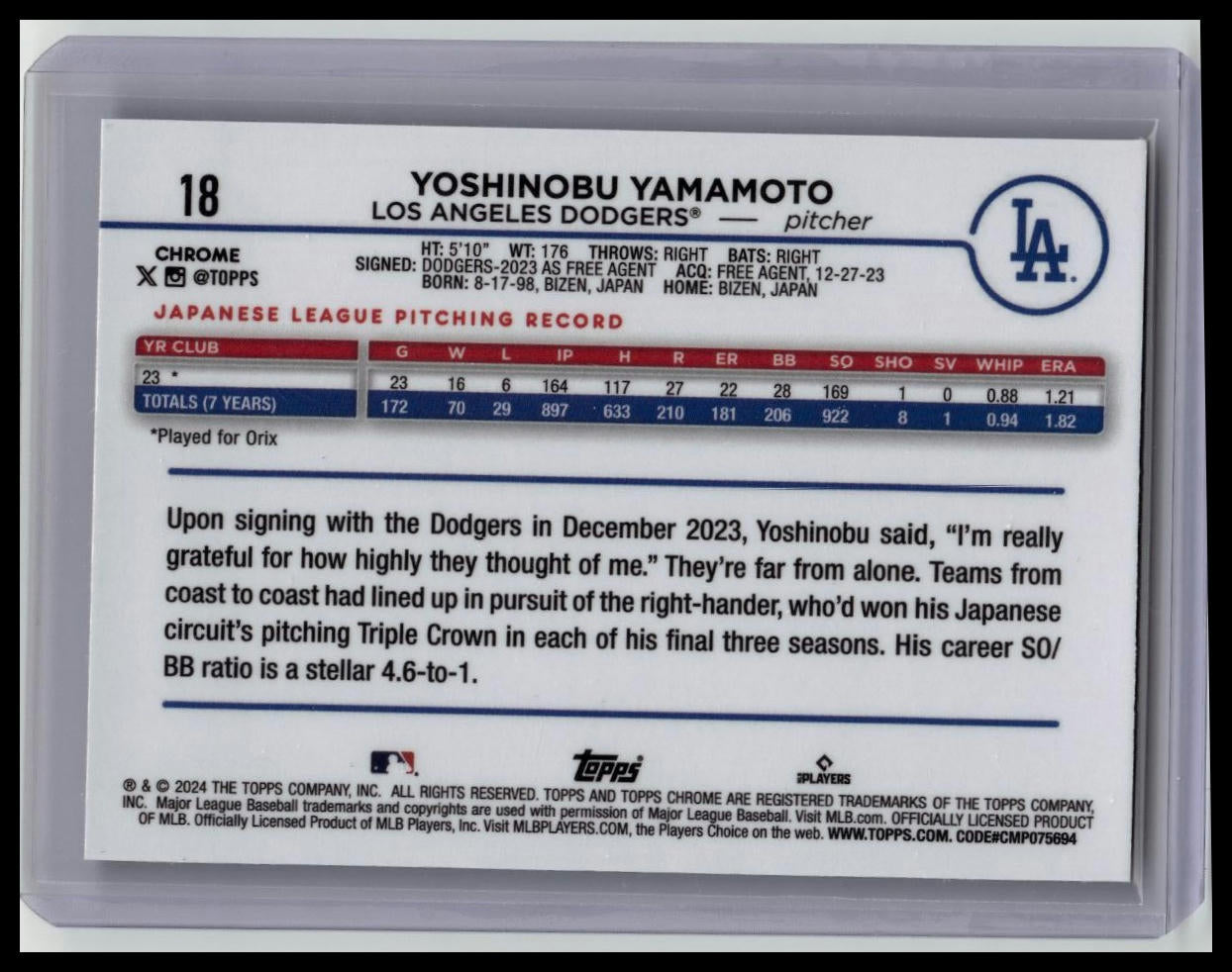 2024 Topps Chrome - Purple Speckle Refractor Rookie #18 Yoshinobu Yamamoto /299