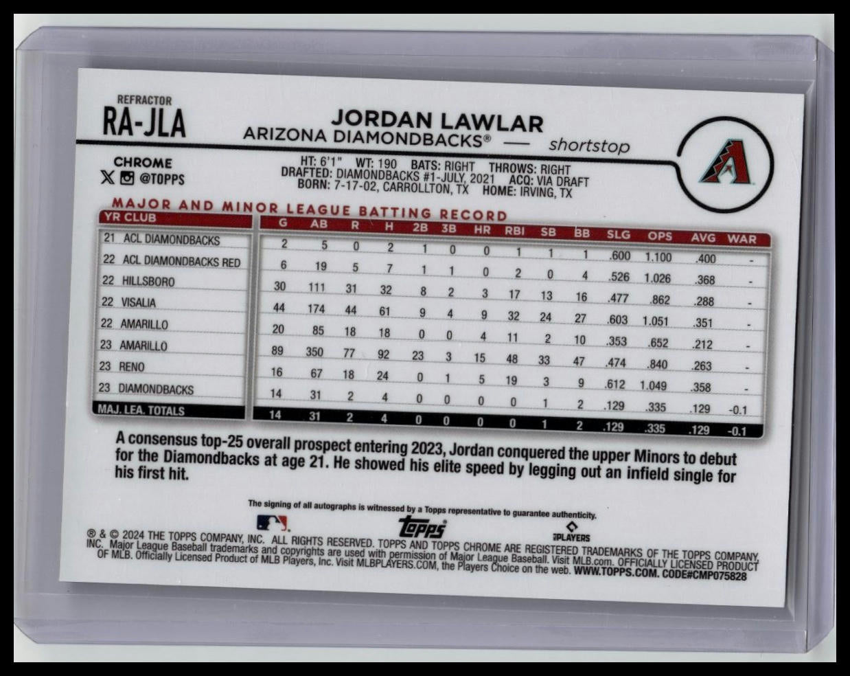 2024 Topps Chrome #RA-JLA Jordan Lawlar Rookie Auto Refractor Diamondbacks /499