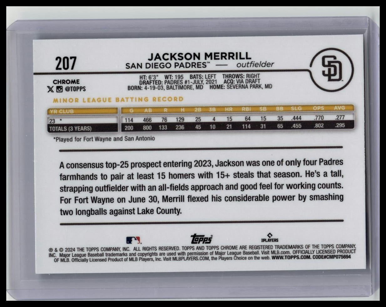 2024 Topps Chrome - Aqua Refractor #207 Jackson Merrill /199 (RC)