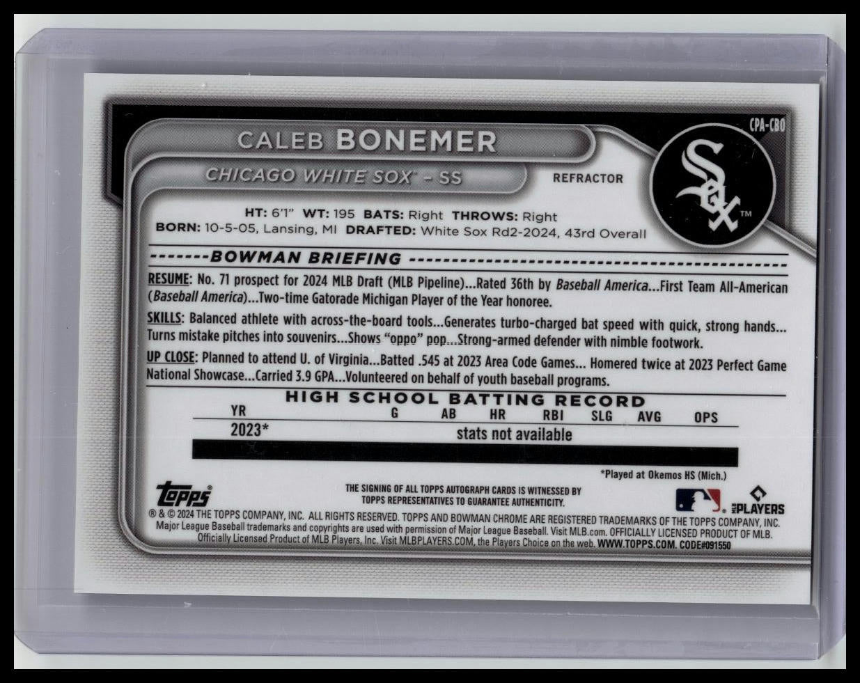 2024 Bowman Draft Caleb Bonemer Chrome Prospect Auto Refractor 1st /499