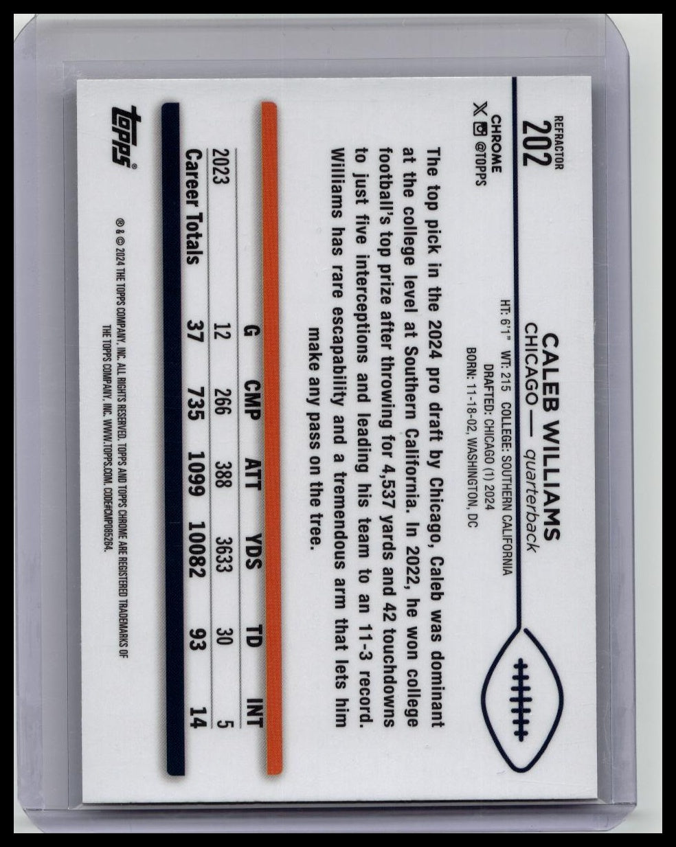 2024 Topps Chrome - Rookie Silver Refractor #202 Caleb Williams (RC) Bears