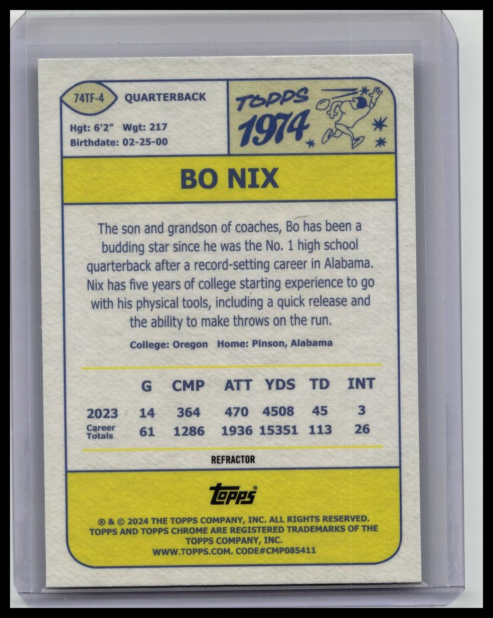 2024 Topps Chrome Football BO NIX ROOKIE CARD REFRACTOR RC 1974