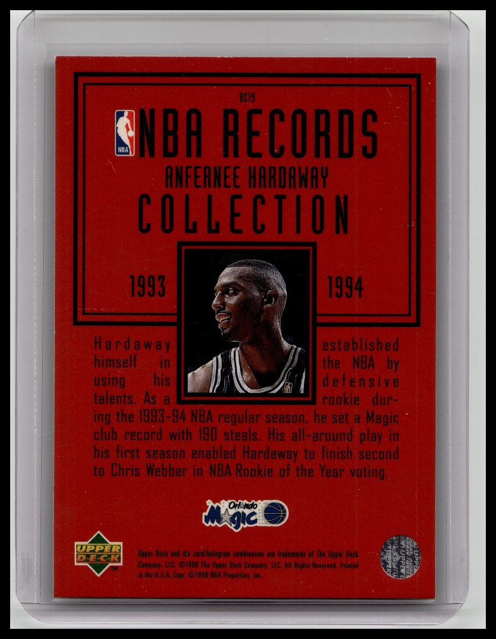 1997-98 Upper Deck Anfernee Hardaway NBA Records Collection #RC19 Magic