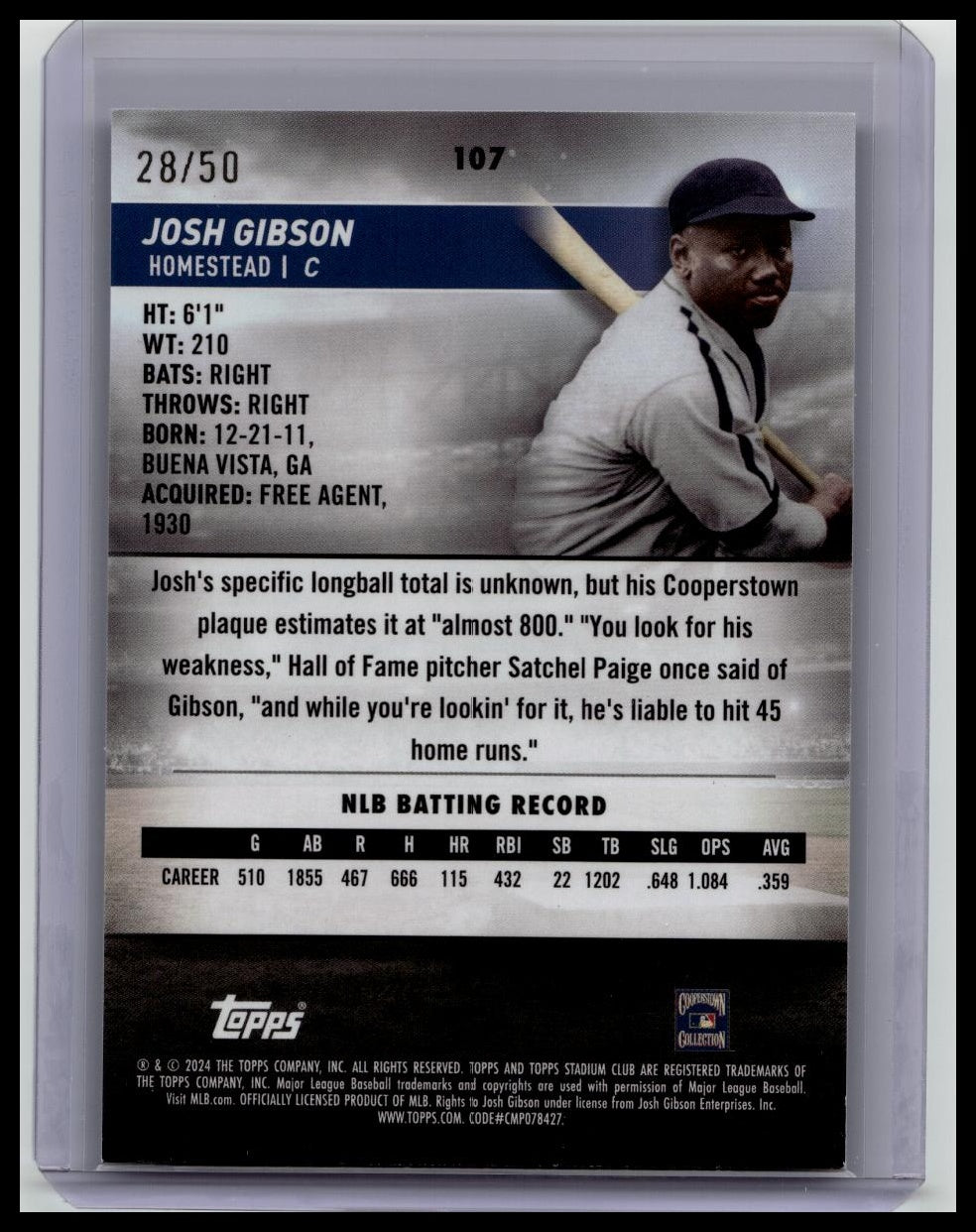 2024 Topps Stadium Club Blue #107 Josh Gibson #D /50 SSP
