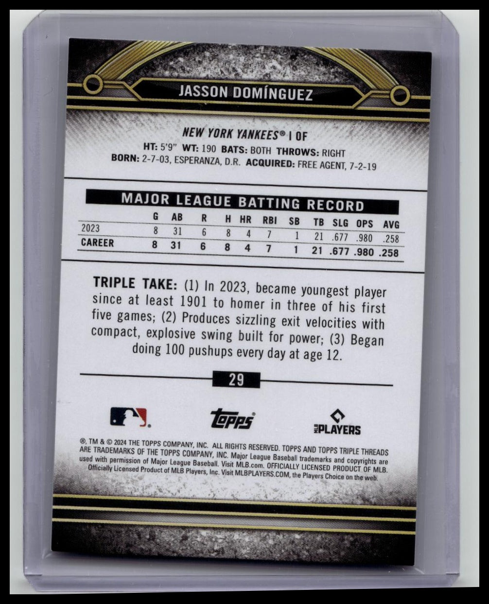 2024 Topps Triple Threads Jasson Dominquez RC 16/75 Citrine New York Yankees #29