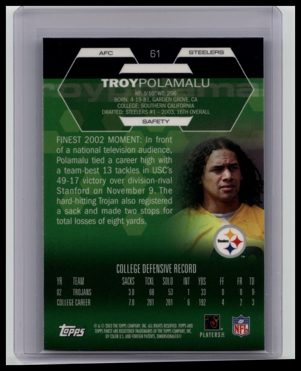 2003 Topps Finest TROY POLAMALU Rookie RC #61 NFL Pittsburgh Steelers