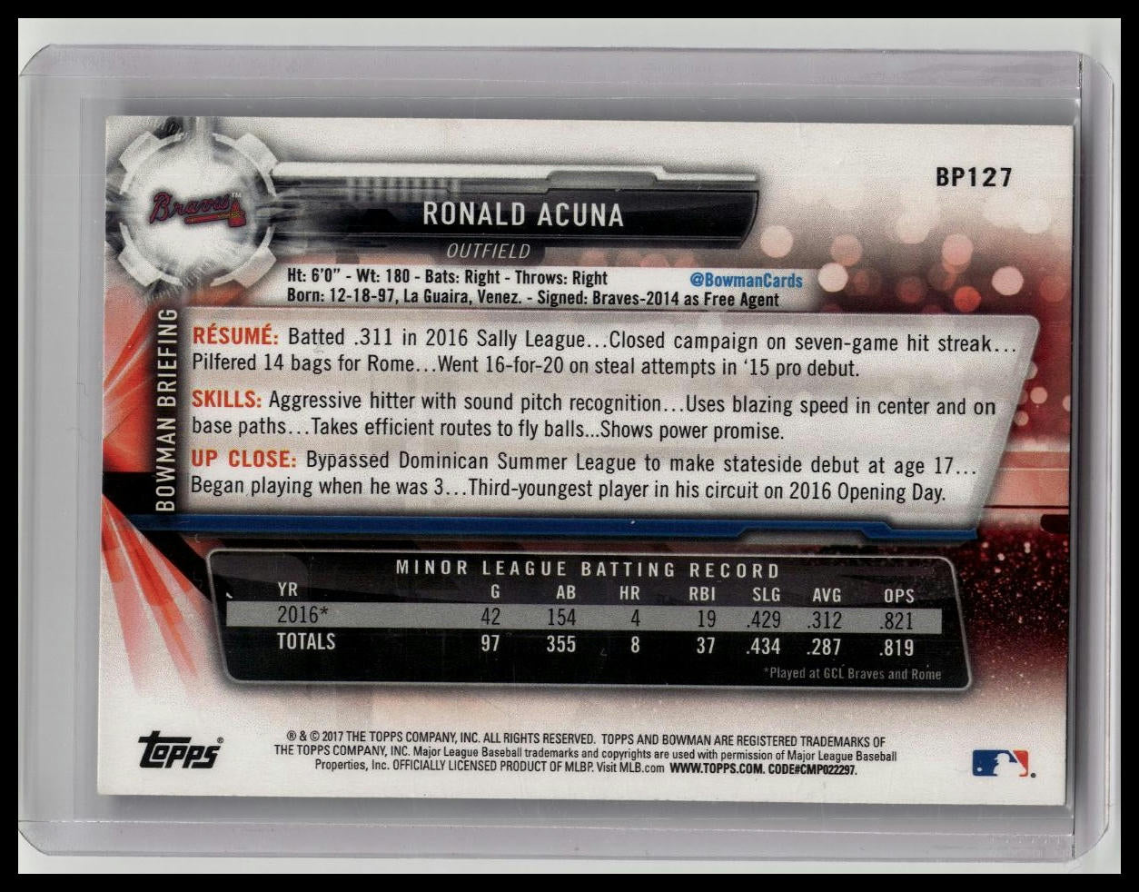 2017 Bowman Ronald Acuna Jr. Paper 1st #BP127 Braves