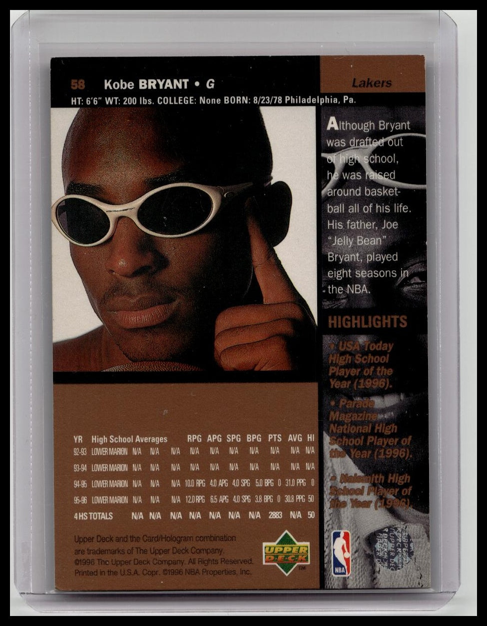 1996 UPPER DECK #58 KOBE BRYANT ROOKIE RC