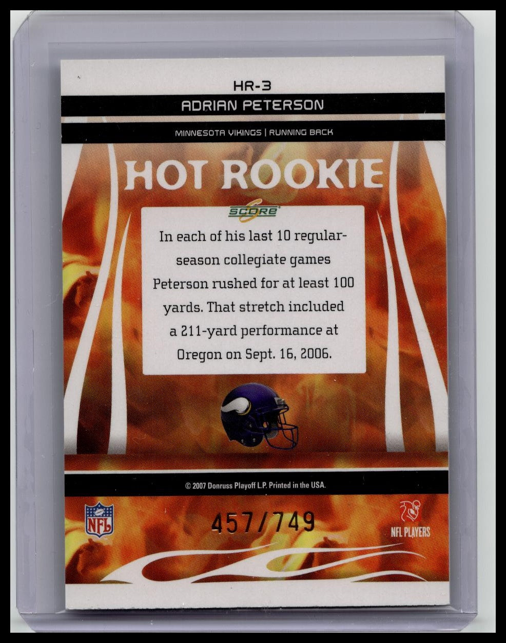 ADRIAN PETERSON 2007 Score SELECT HOT ROOKIES Rc /749 #HR-3