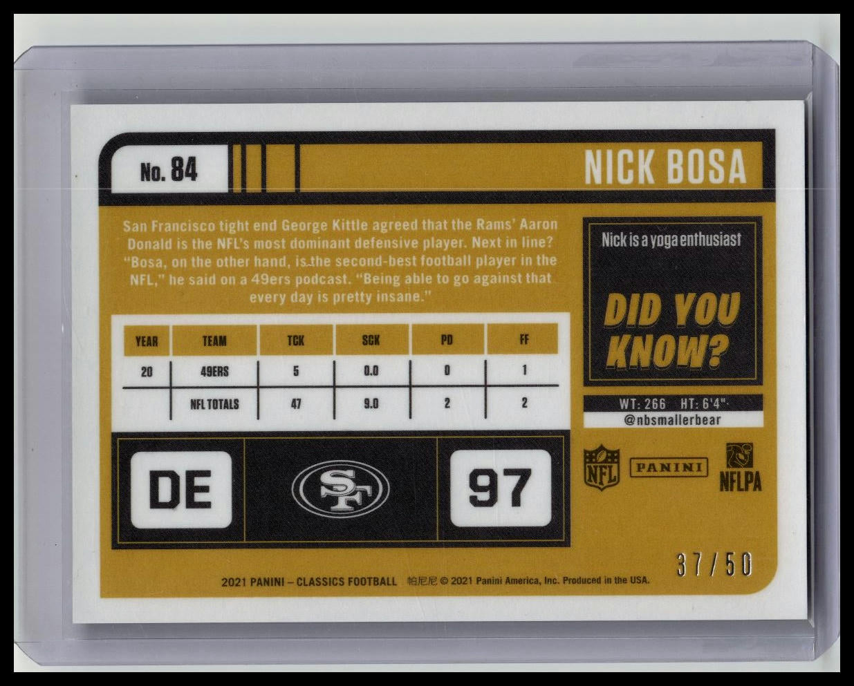 2021 Panini Classics - Timeless Tributes Purple #84 Nick Bosa /50 49ers