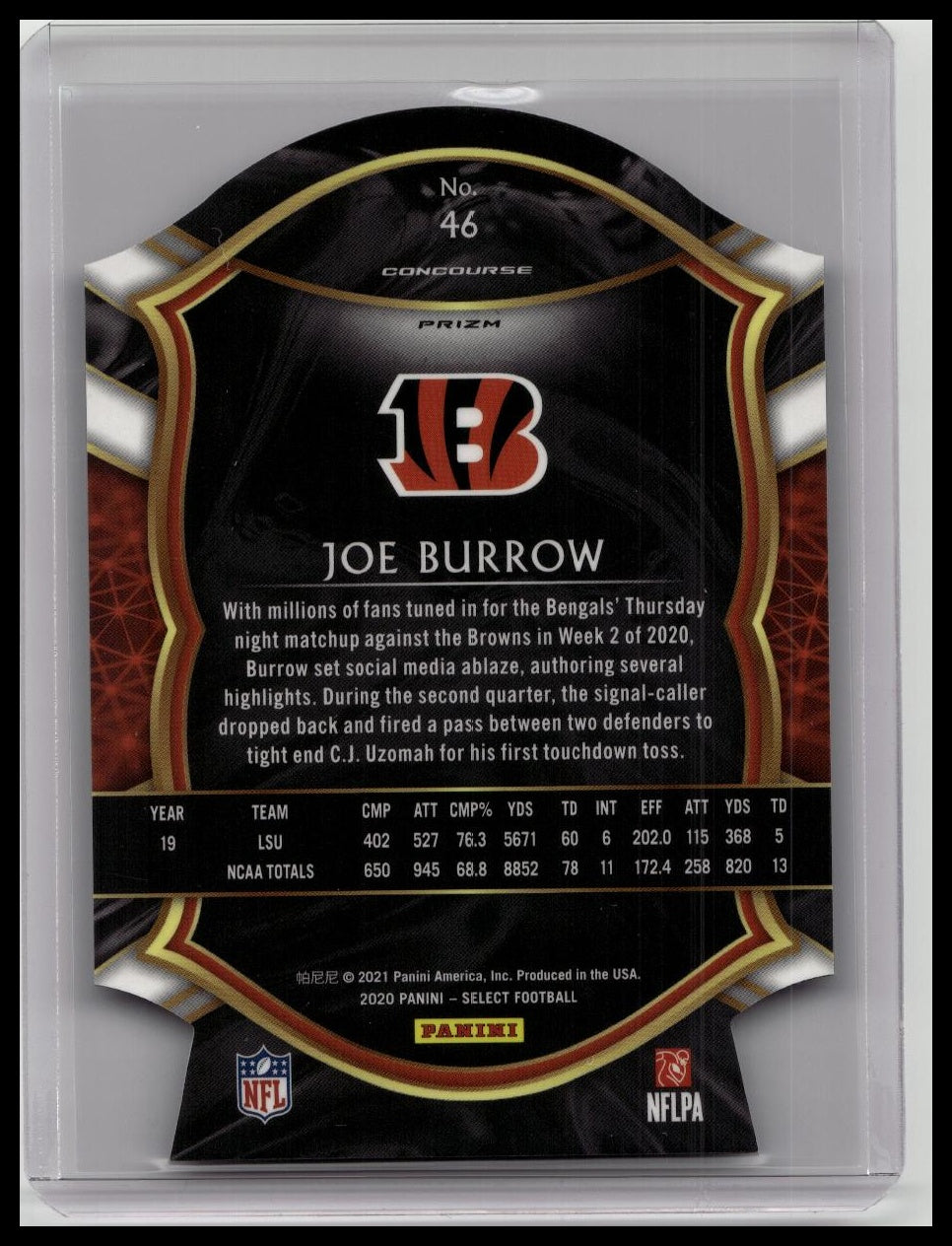 2020 Select Joe Burrow RC Purple Die Cut Prizm Concourse #46 Bengals Rookie