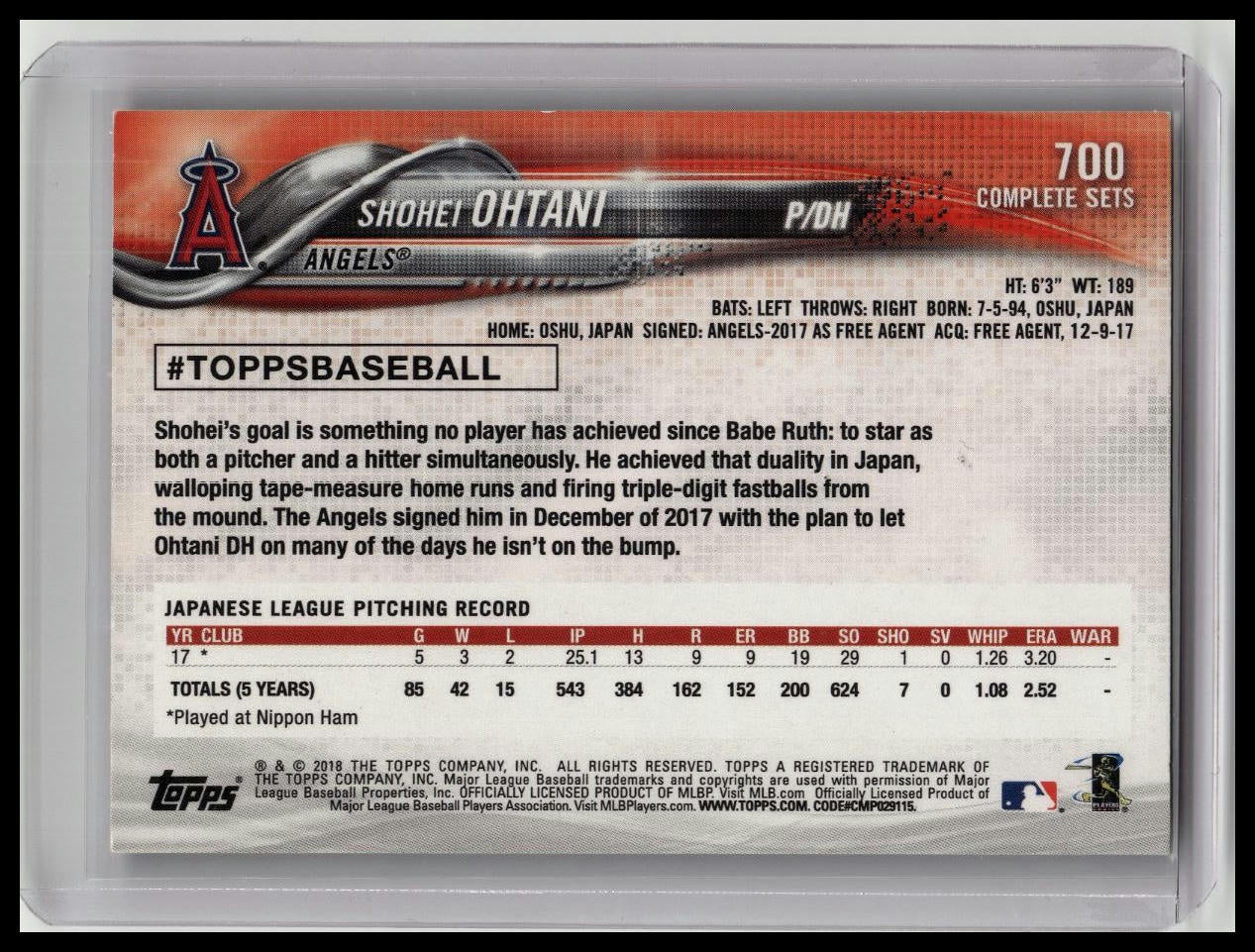 2018 Topps Complete Sets Variation Shohei Ohtani Rookie 700 Pitching