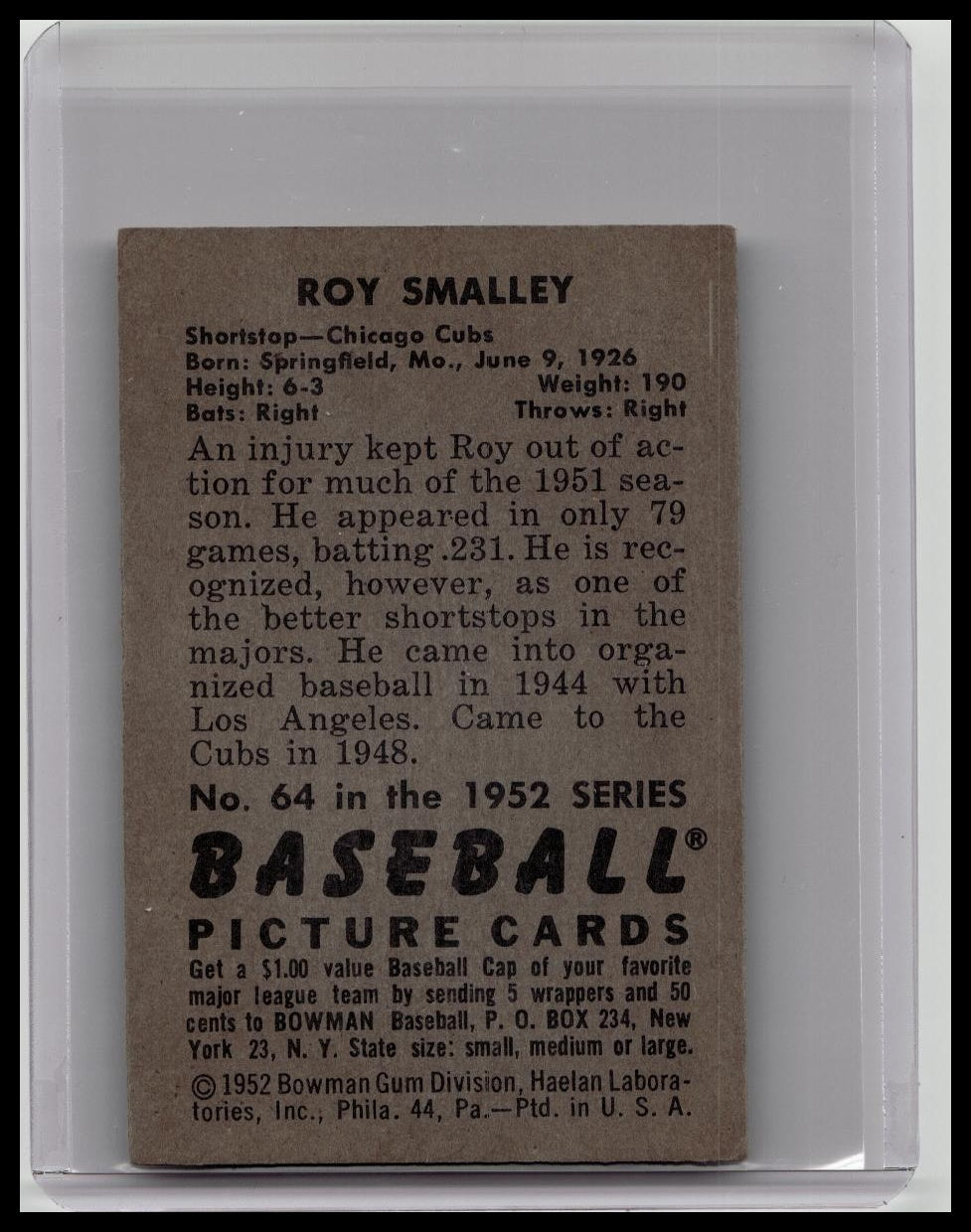 1952 Bowman # 64 Roy Smalley