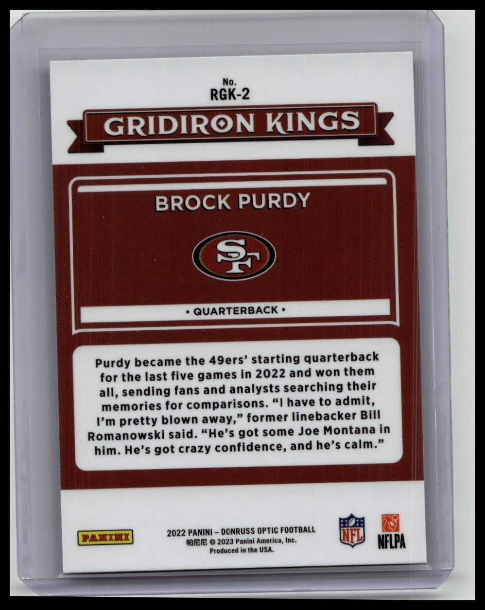 2022 Panini Donruss Optic Rookie Gridiron Kings Brock Purdy #RGK-2 Rookie RC