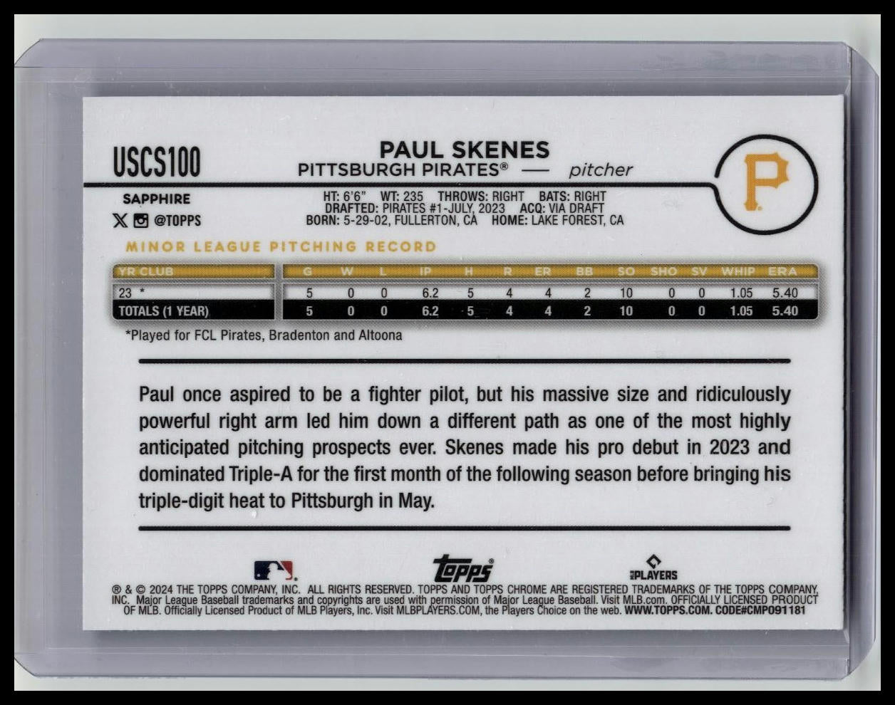 2024 Topps Chrome Update Sapphire Paul Skenes RC #USCS100