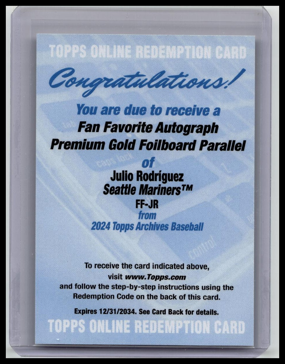 2024 Topps Archives Julio Rodriguez #FF-JR Autograph Gold /50 Redemption Auto