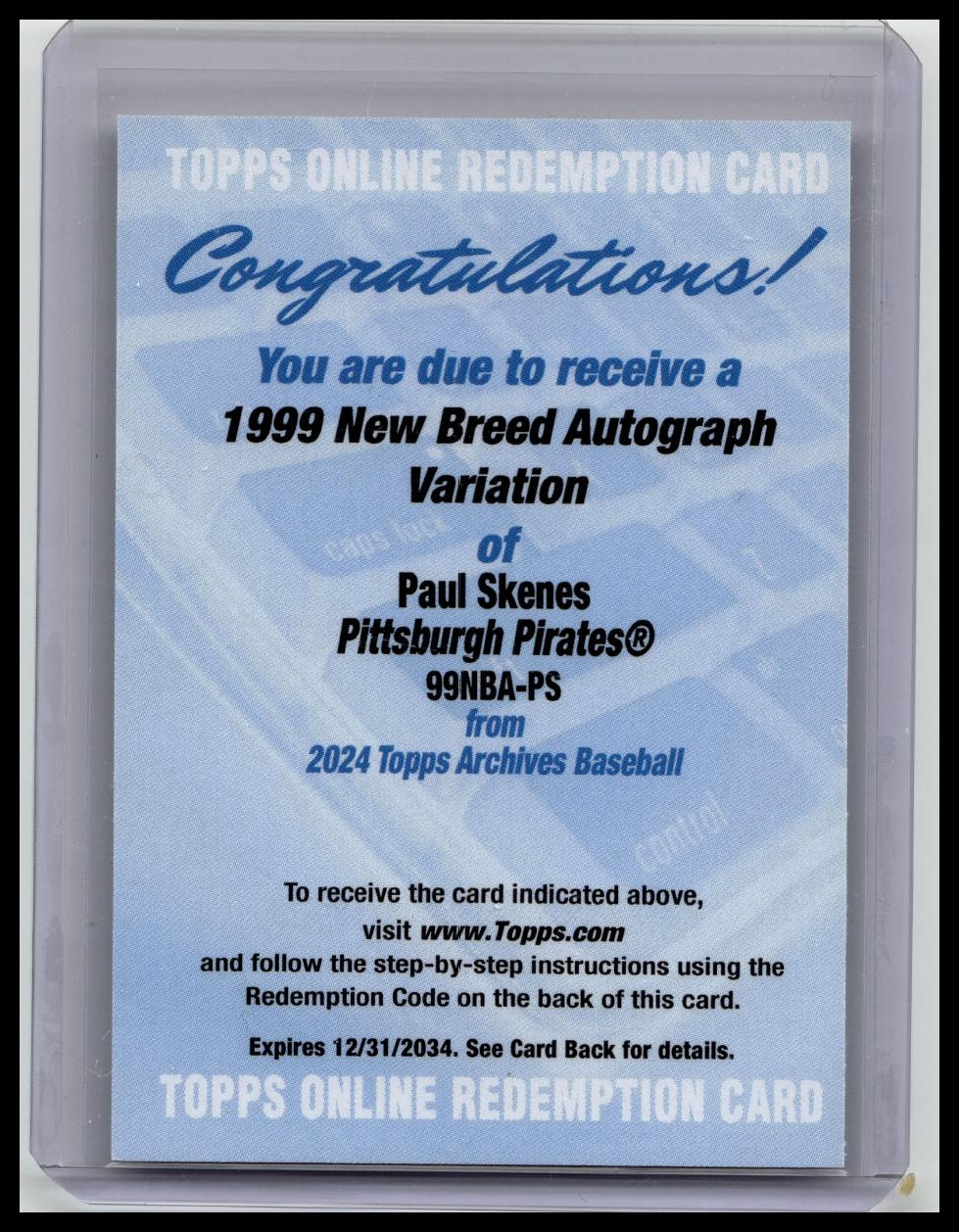 2024 Topps Archives Paul Skenes Rookie 1999 New Breed Auto Variation Redemption