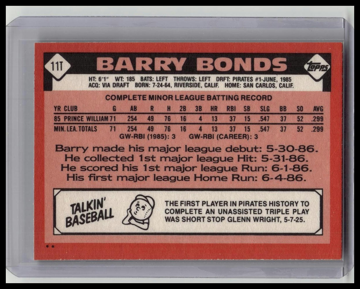 1986 Topps Traded Barry Bonds #11T Rookie Pirates