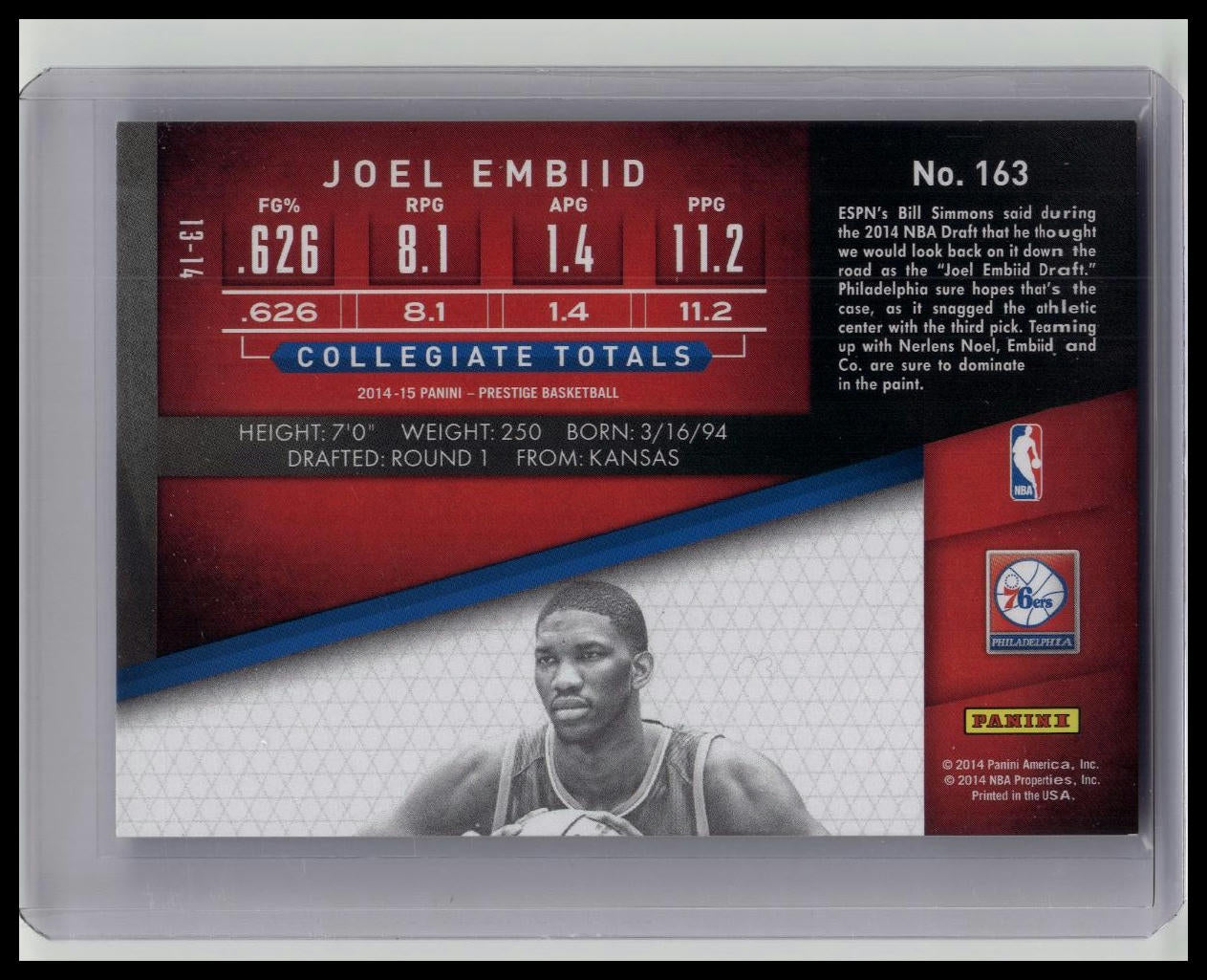 2014-15 Panini Prestige #163 Joel Embiid Rookie Philadelphia 76ers RC