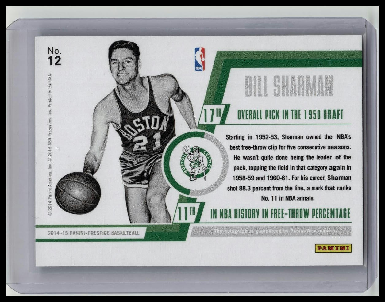 BILL SHARMAN 2014-15 PRESTIGE BONUS SHOTS AUTOGRAPH AUTO #'d 1/1 ! CELTICS!!