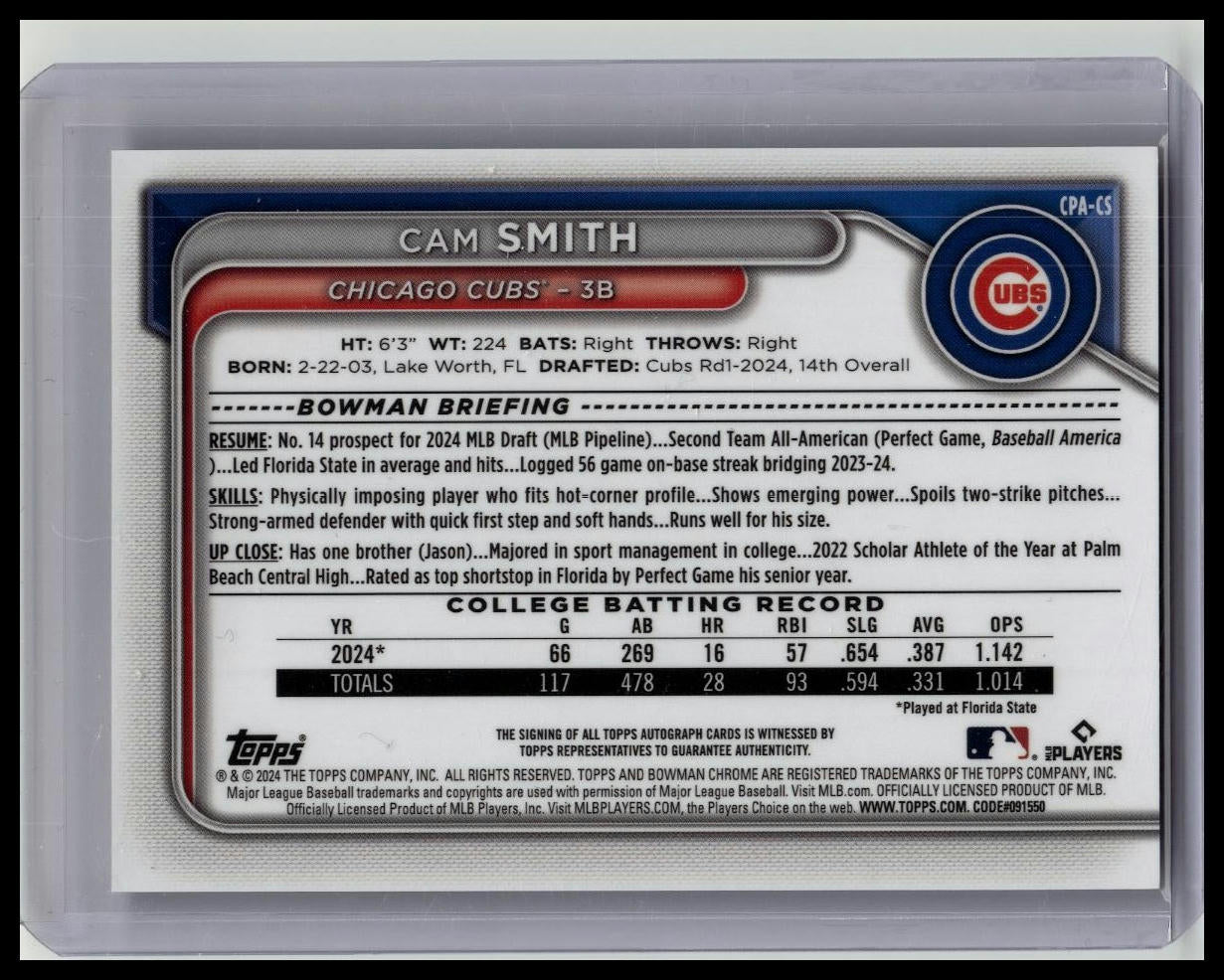 CAM SMITH 2024 BOWMAN CHROME DRAFT 1ST AUTOGRAPH CUBS #CPA-CS AUTO