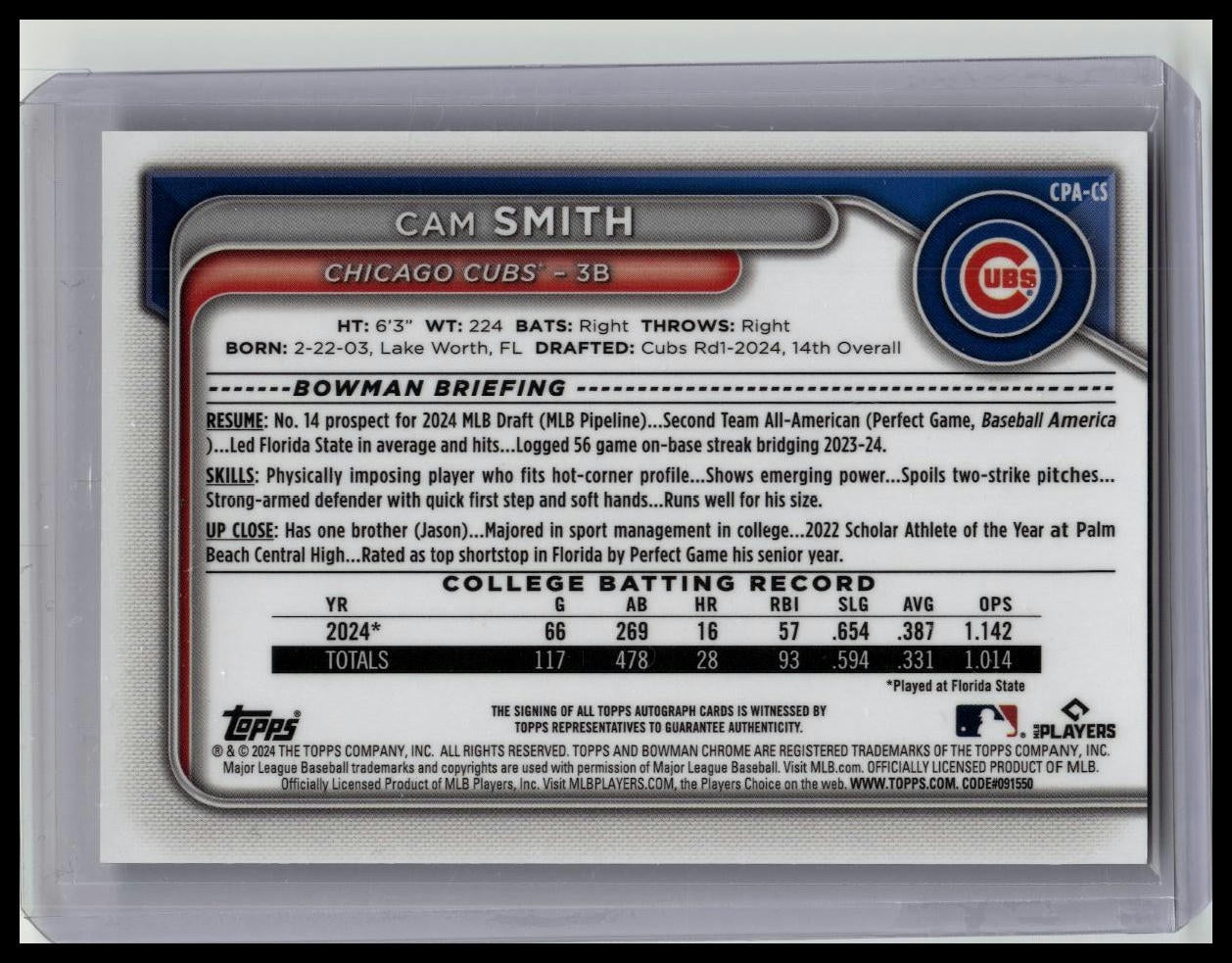 2024 Bowman Chrome Draft #CPA-CS | Cam Smith 1st Sparkle Auto /71
