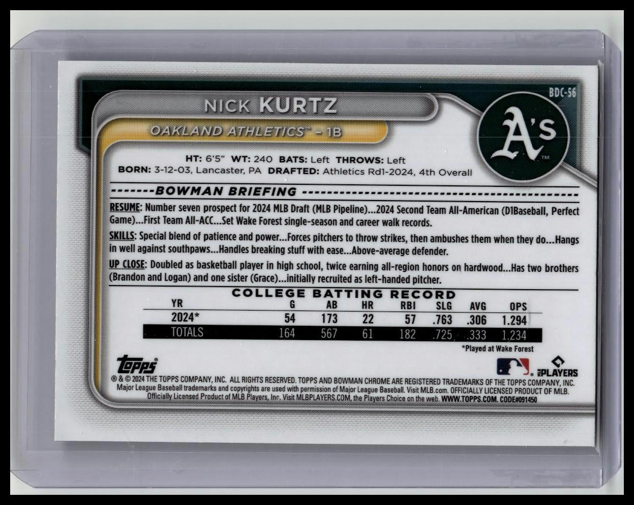 2024 Bowman Draft Chrome 1st PEANUTS BORDER Nick Kurtz #BDC-56 Athletics